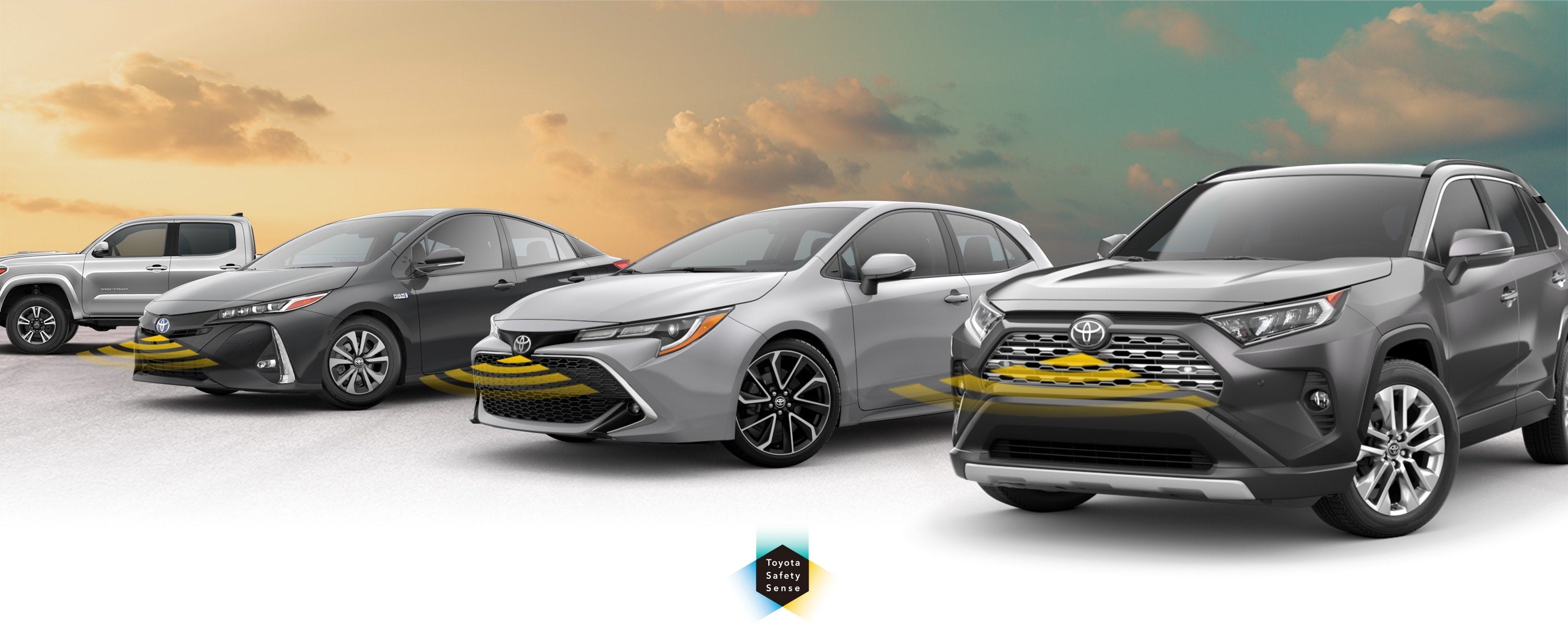 Toyota Safety Sense: Designed for Safety. Options shown on Toyota models including RAV4, Tacoma, and Camry, available now at Passport Toyota in Suitland MD.